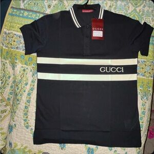 Gucci Black Polo with White Horizontal Bands and Logo